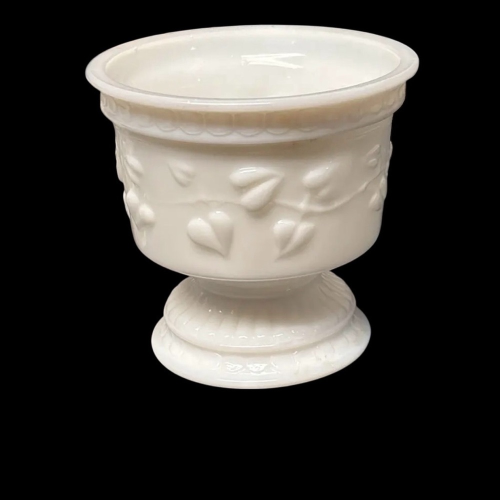 Vintage Milk Glass Footed Compote Candy Dish with Hearts and Ivy pattern.